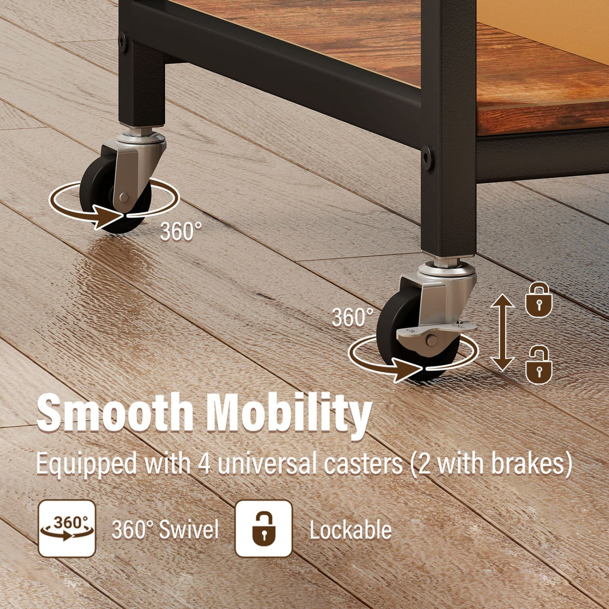3-Tier Rolling Printer Stand with Storage Shelves & 10 Hooks and Locking Wheels-Rustic Brown