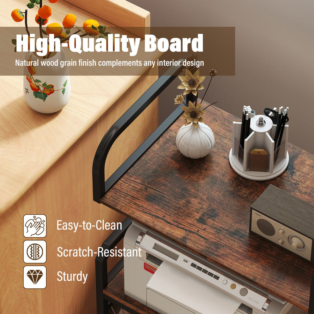 3-Tier Rolling Printer Stand with Storage Shelves & 10 Hooks and Locking Wheels-Rustic Brown