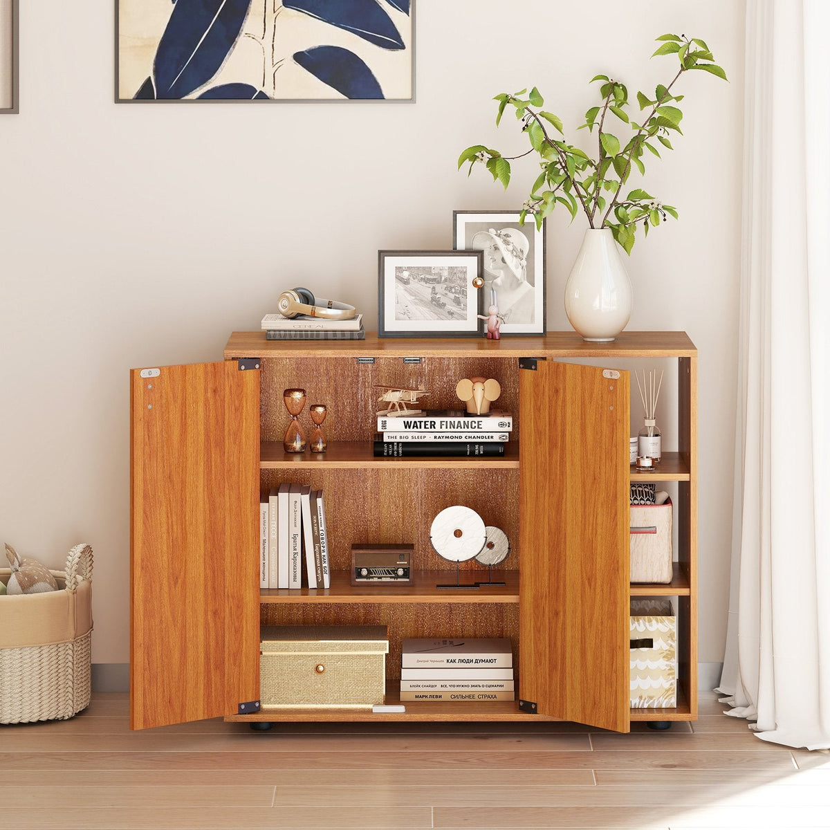 3-Tier Shoe Cabinet with Doors with Adjustable Open Shelves for Entryway-Natural
