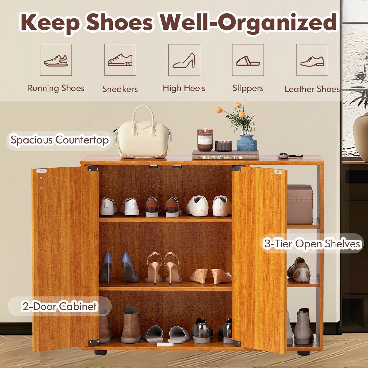 3-Tier Shoe Cabinet with Doors with Adjustable Open Shelves for Entryway-Natural