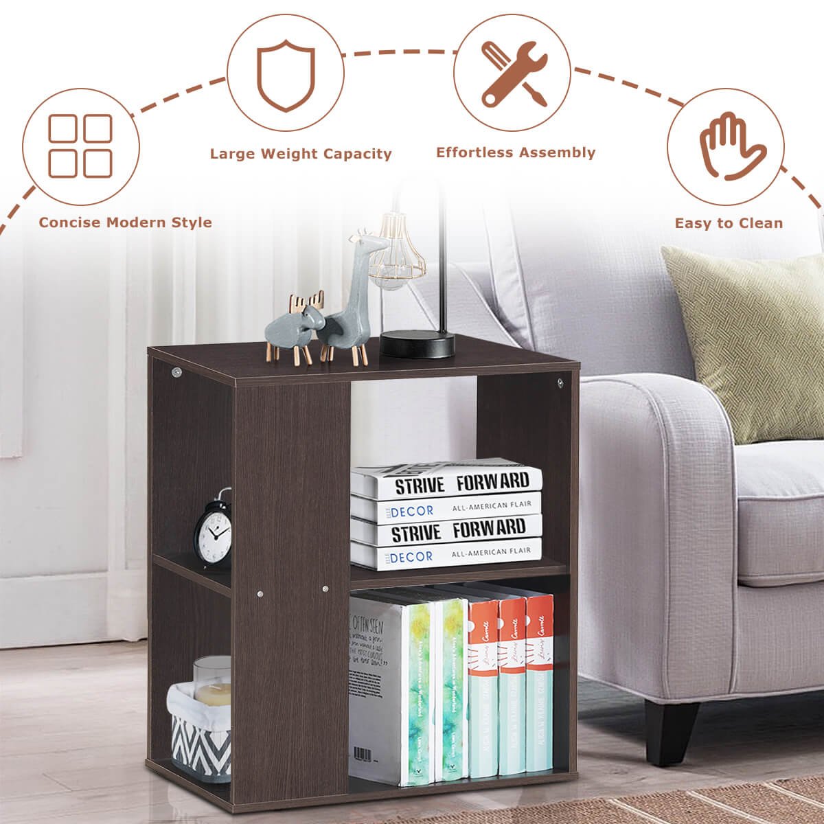 3 Tier Open Shelf Side End Table in Brown Engineered Wood