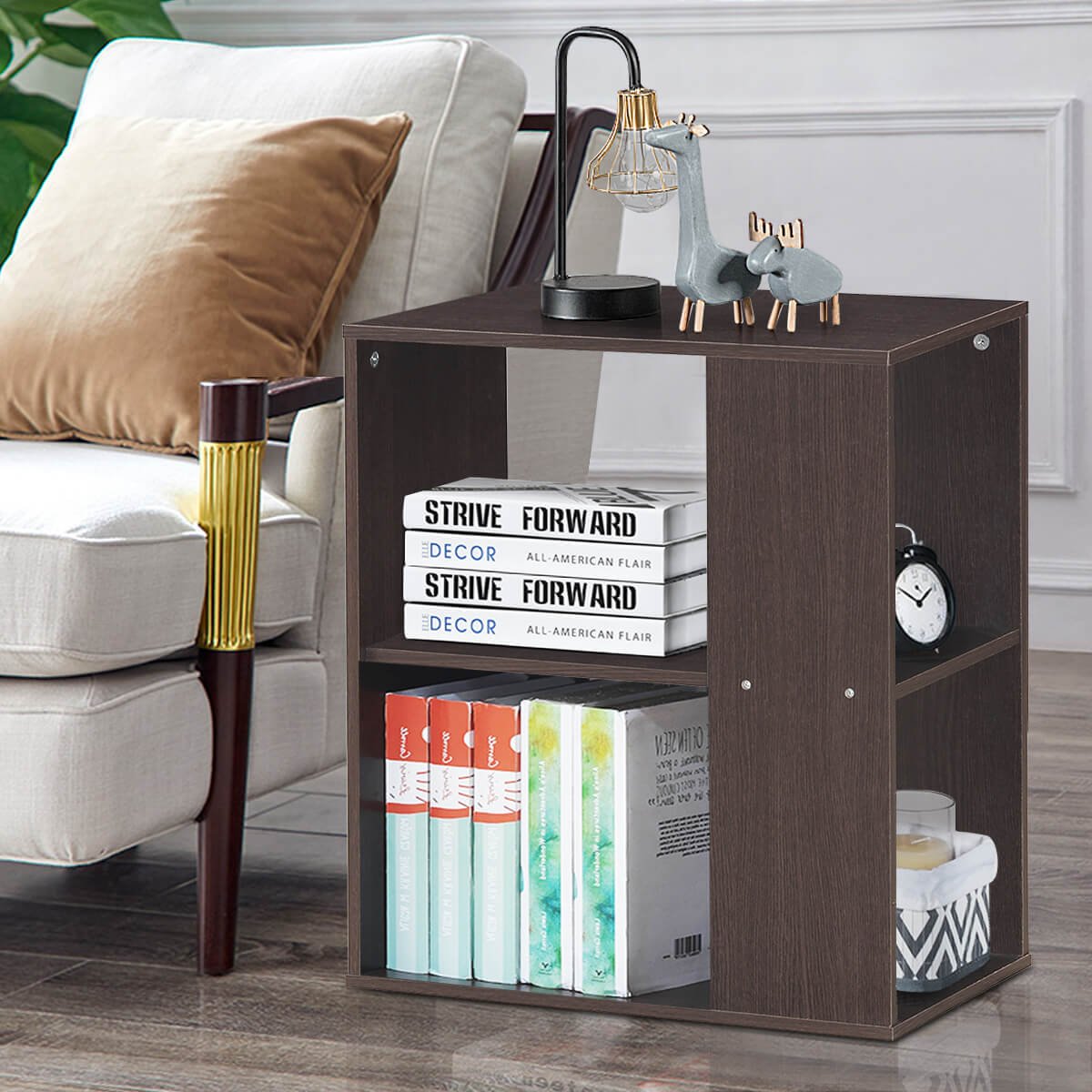 3 Tier Open Shelf Side End Table in Brown Engineered Wood