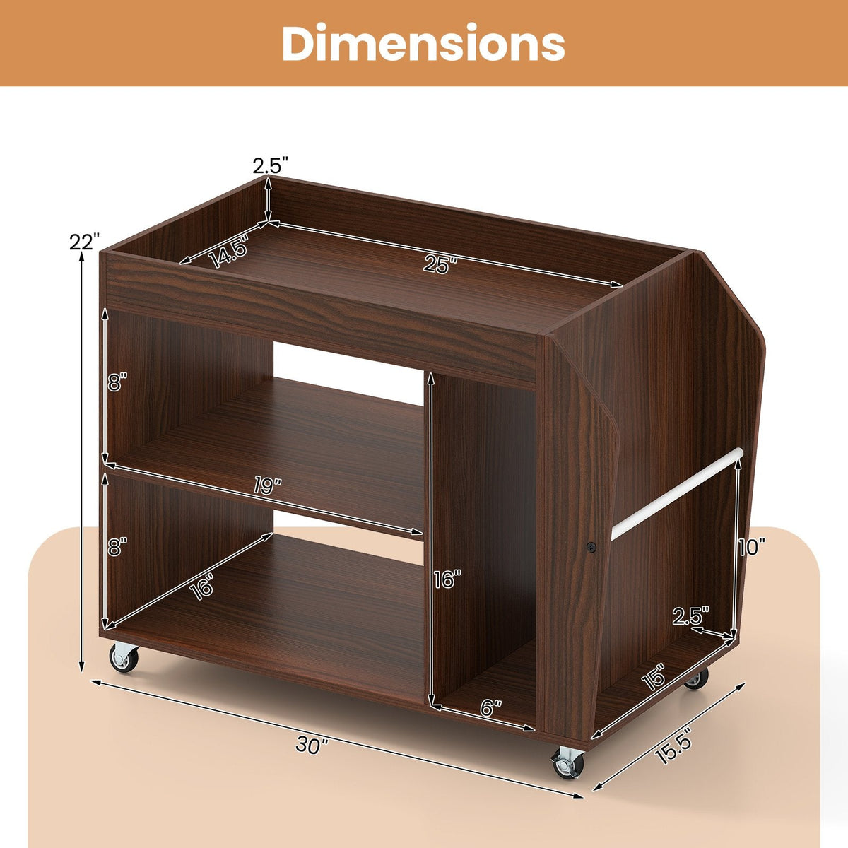 3-Tier Side End Table with Universal Wheels-Walnut