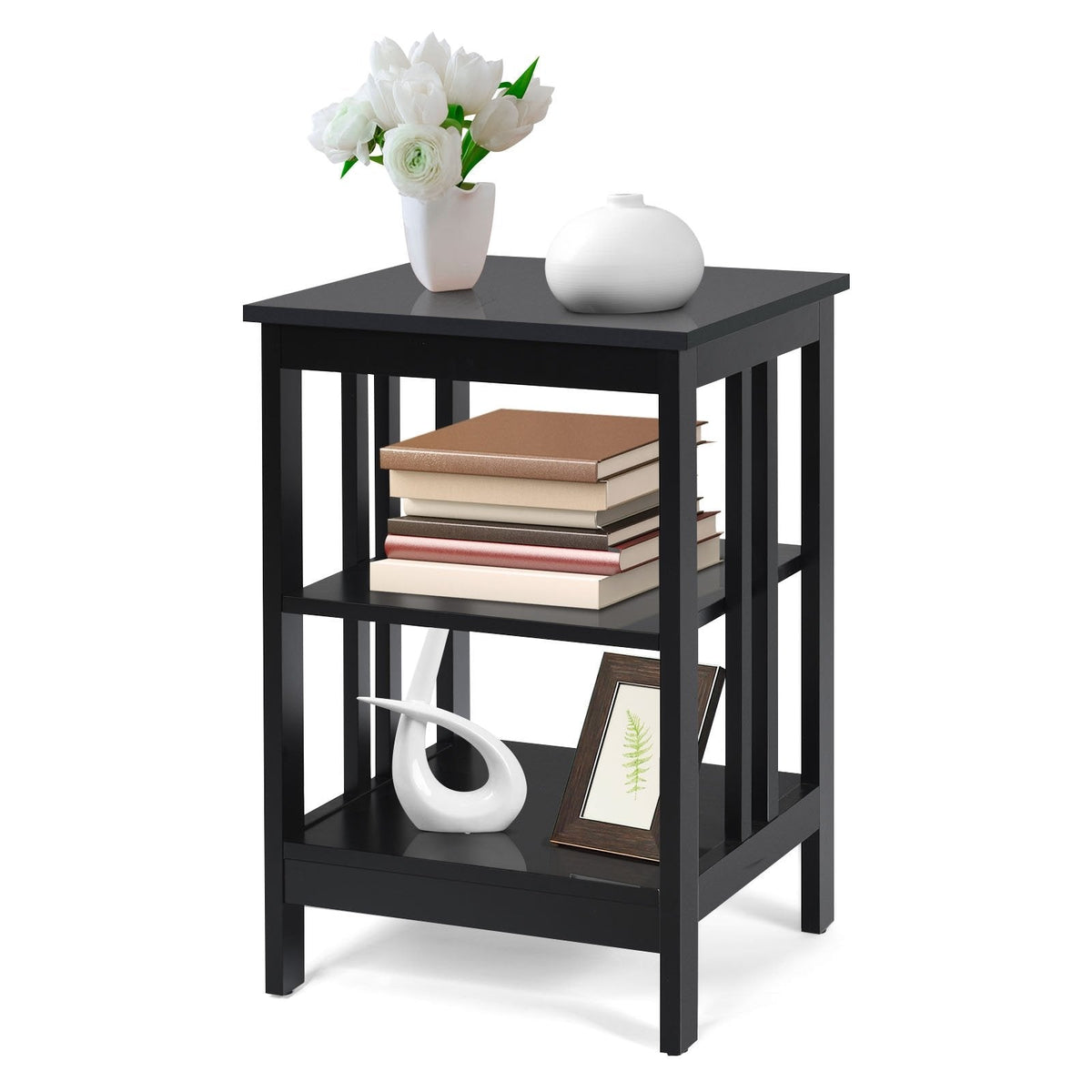 3 Tier Side Table Nightstand with Reinforced Side Bars, Black