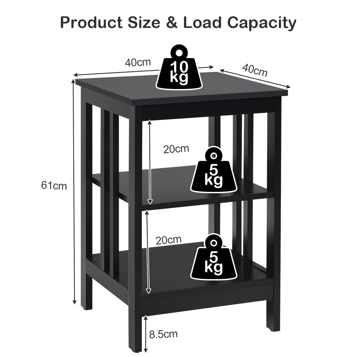 3 Tier Side Table Nightstand with Reinforced Side Bars, Black