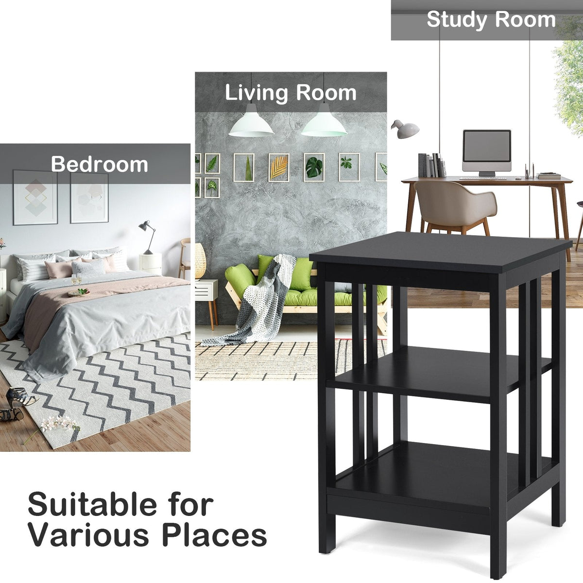 3 Tier Side Table Nightstand with Reinforced Side Bars, Black