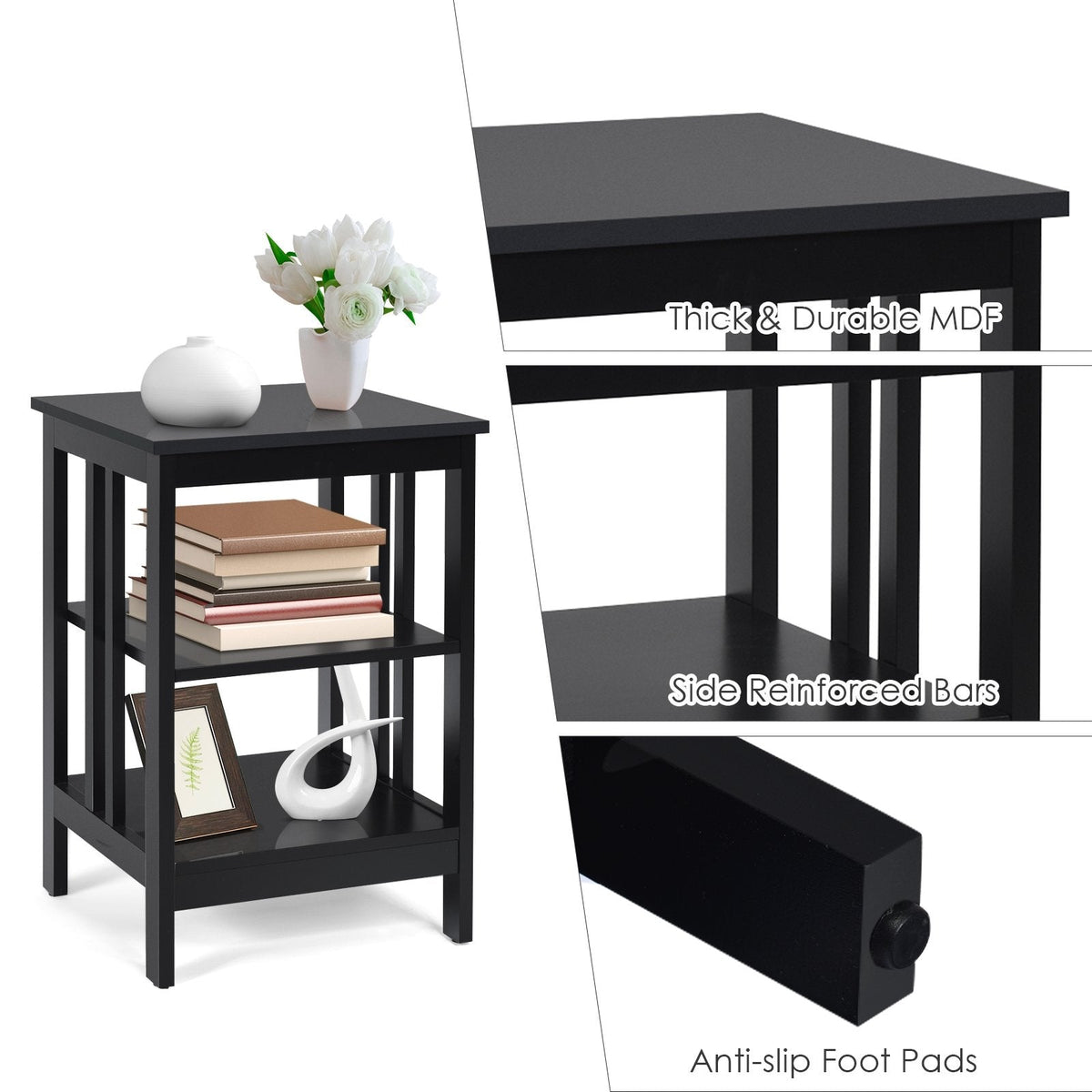 3 Tier Side Table Nightstand with Reinforced Side Bars, Black
