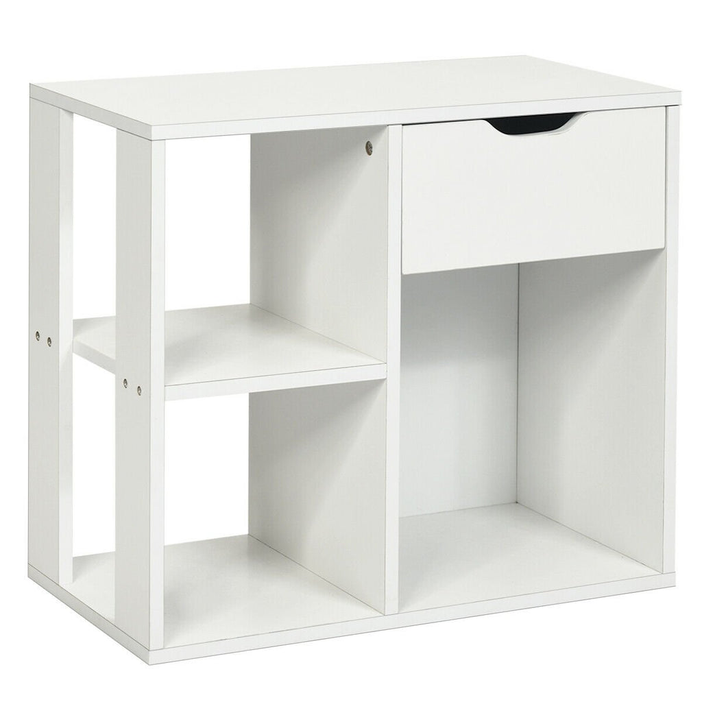 3 Tier Side Table with Drawer and Three Open Compartments, White