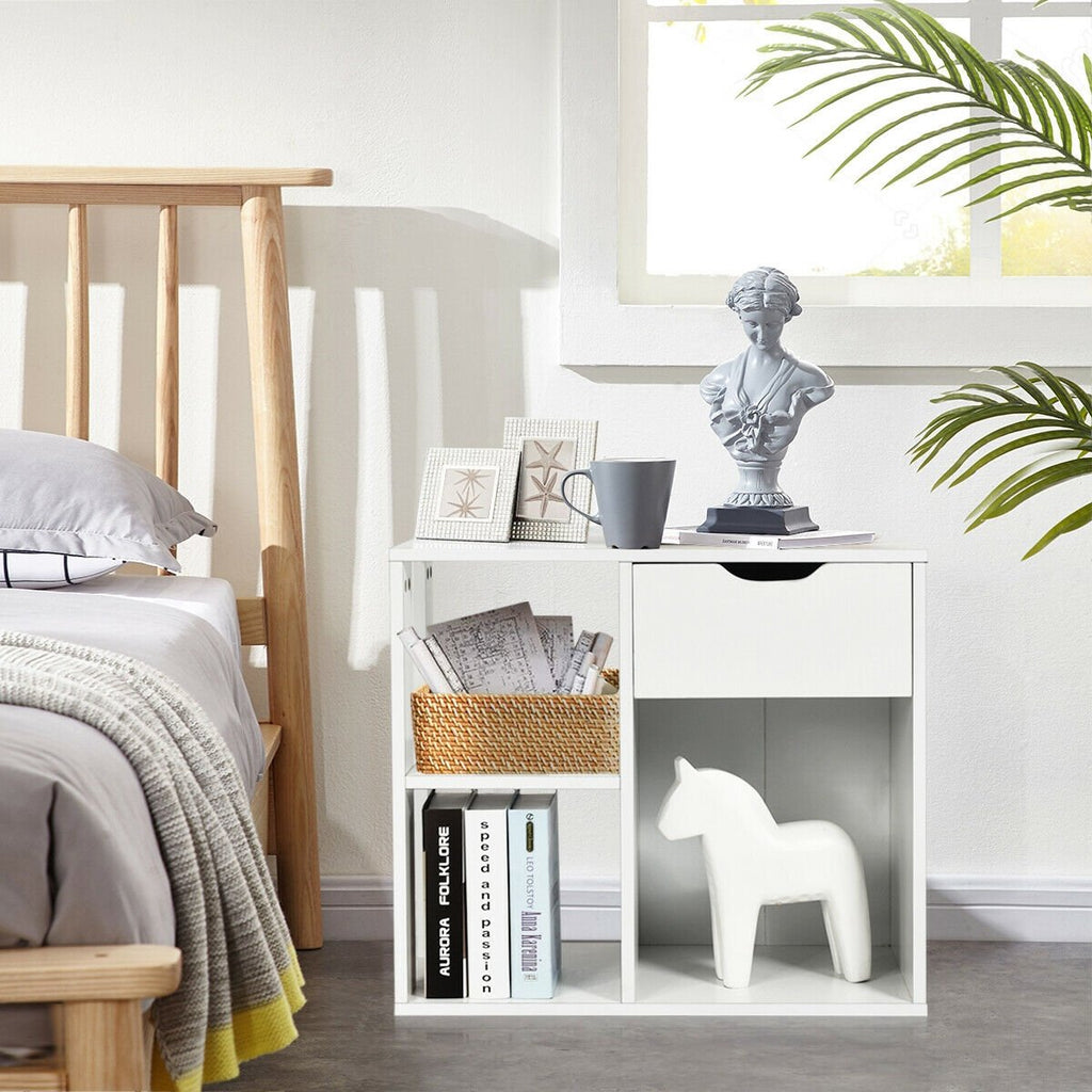 3 Tier Side Table with Drawer and Three Open Compartments, White