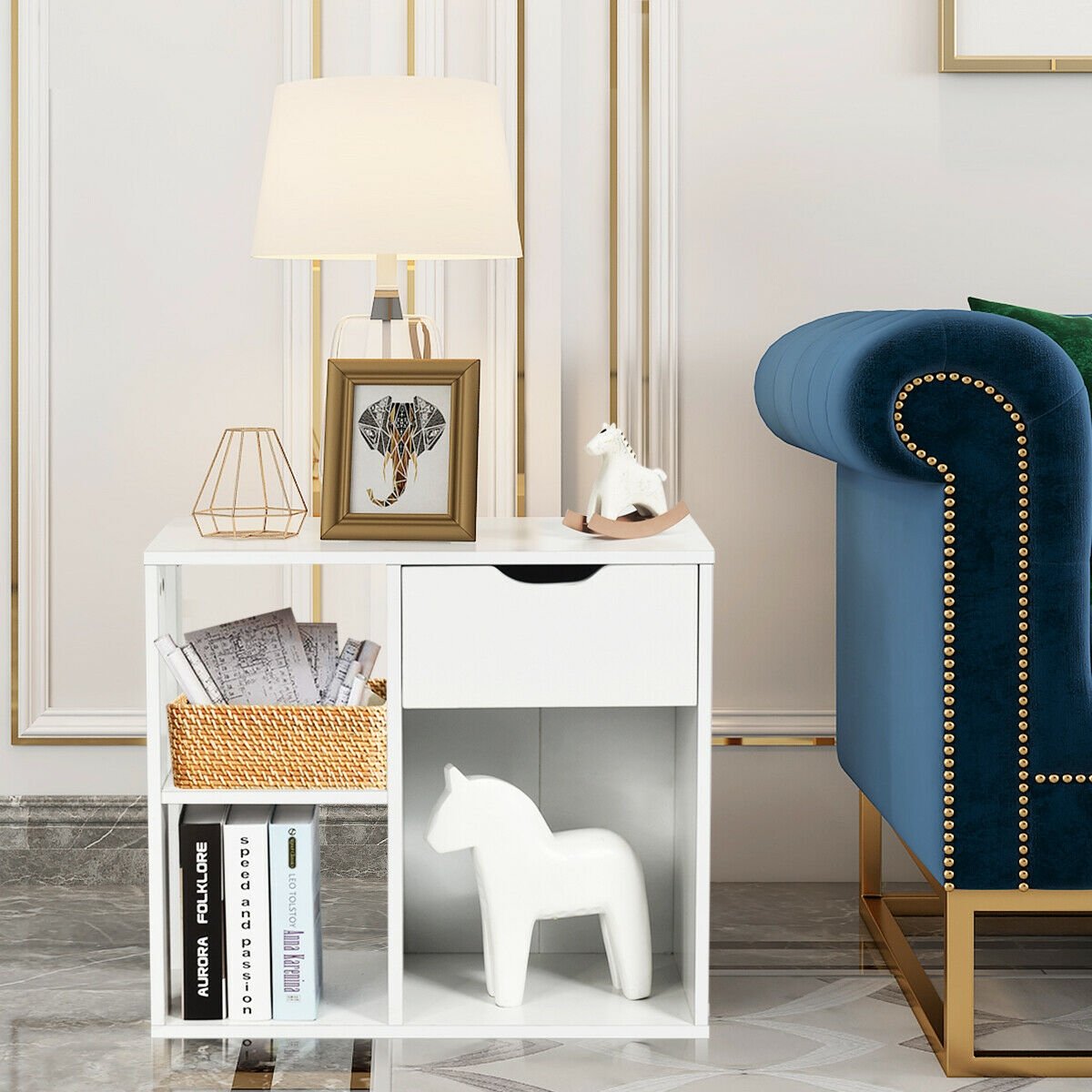 3 Tier Side Table with Drawer and Three Open Compartments, White