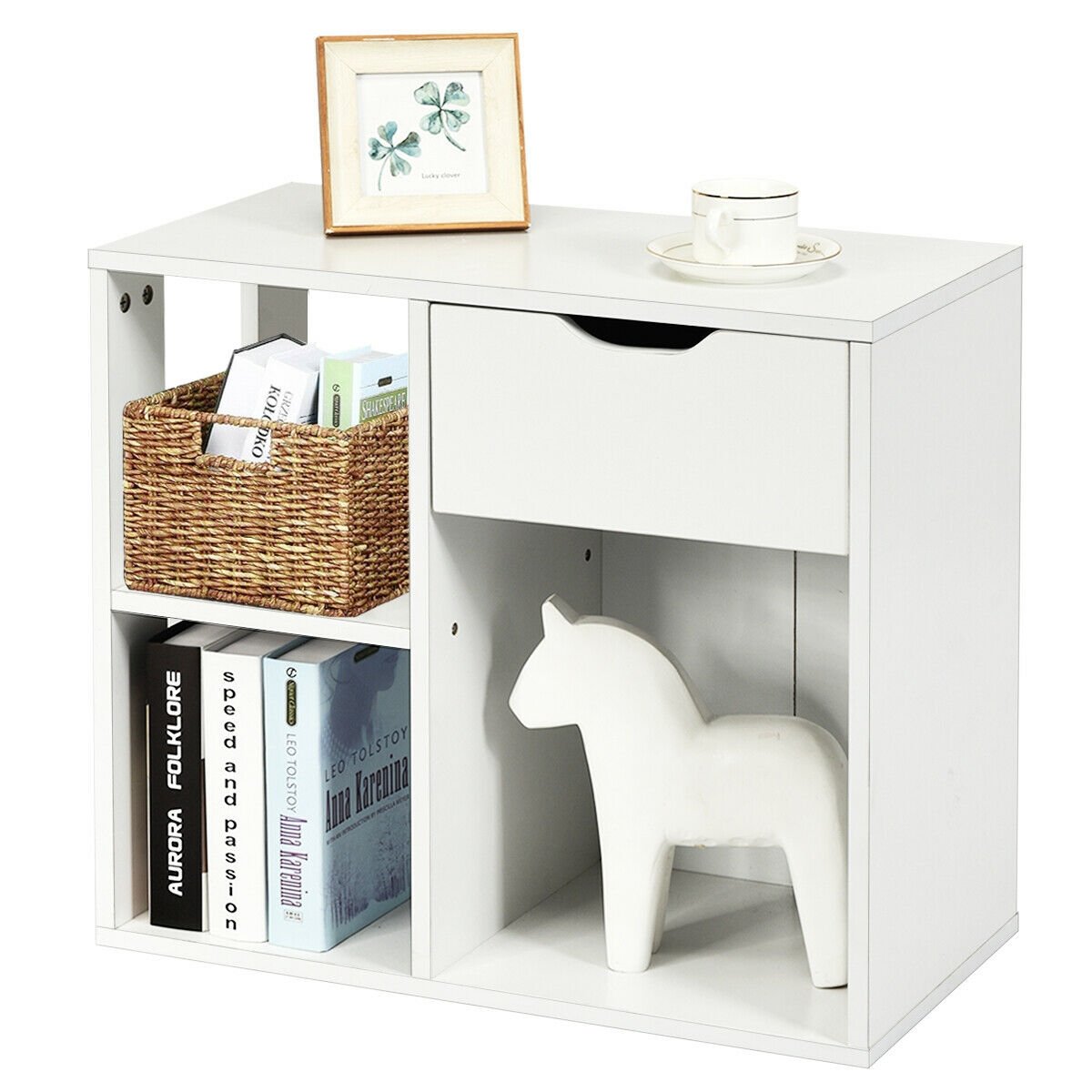 3 Tier Side Table with Drawer and Three Open Compartments, White