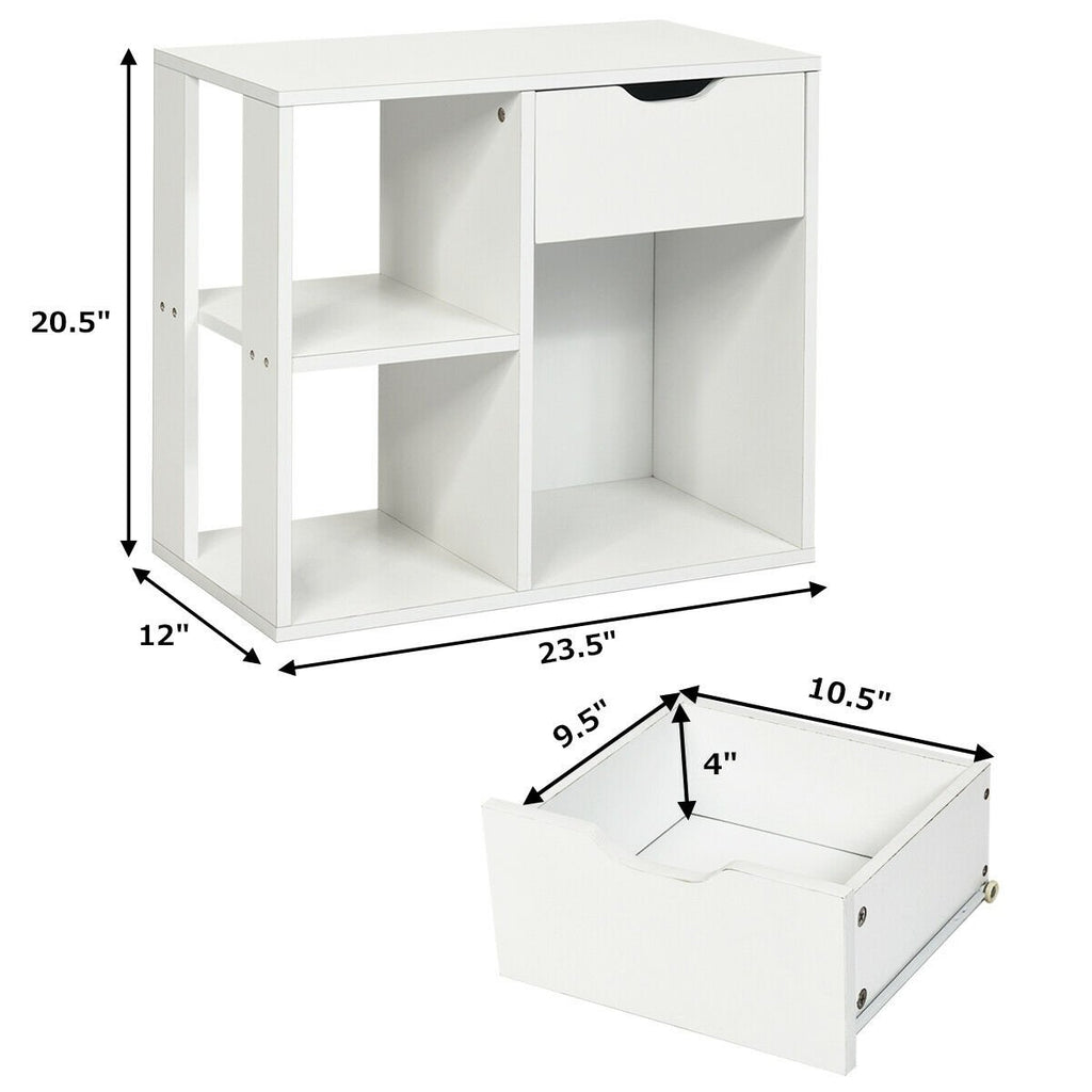 3 Tier Side Table with Drawer and Three Open Compartments, White