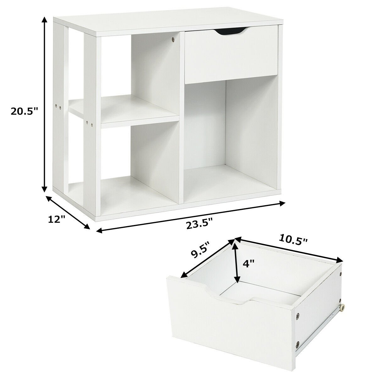 3 Tier Side Table with Drawer and Three Open Compartments, White