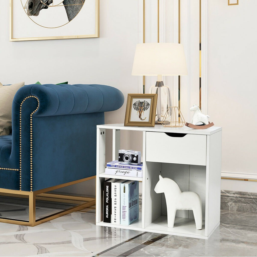 3 Tier Side Table with Drawer and Three Open Compartments, White