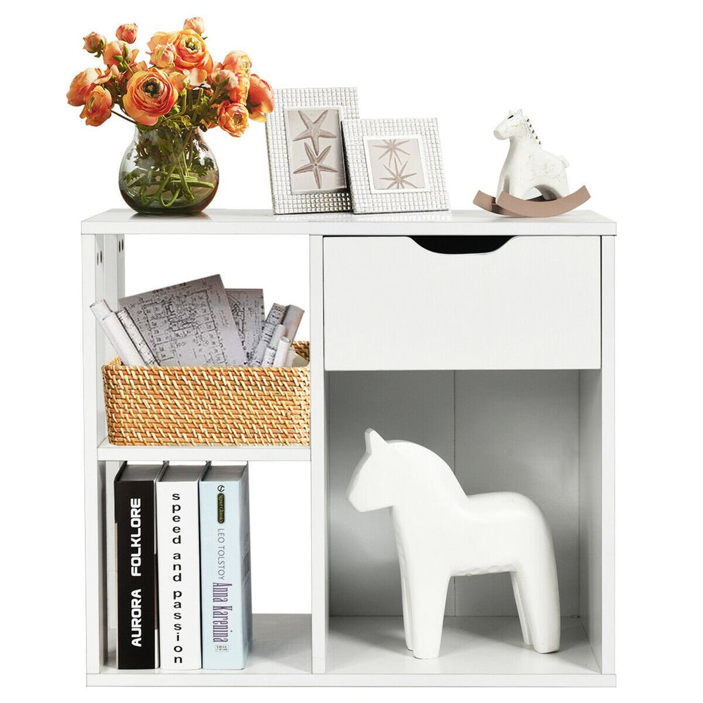 3 Tier Side Table with Drawer and Three Open Compartments, White