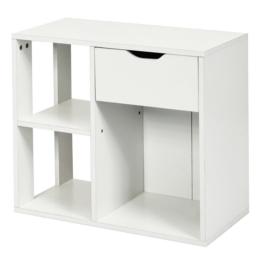 3 Tier Side Table with Drawer and Three Open Compartments, White