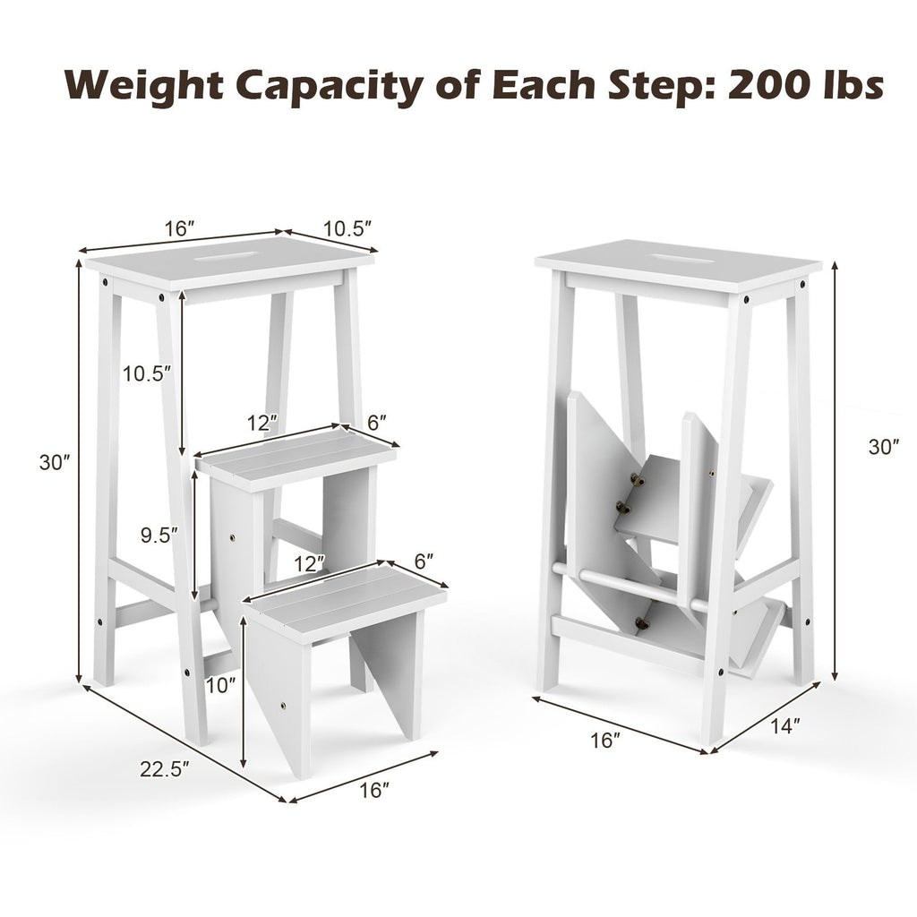 3-Tier Step Stool 3 in 1 Folding Ladder Bench-White