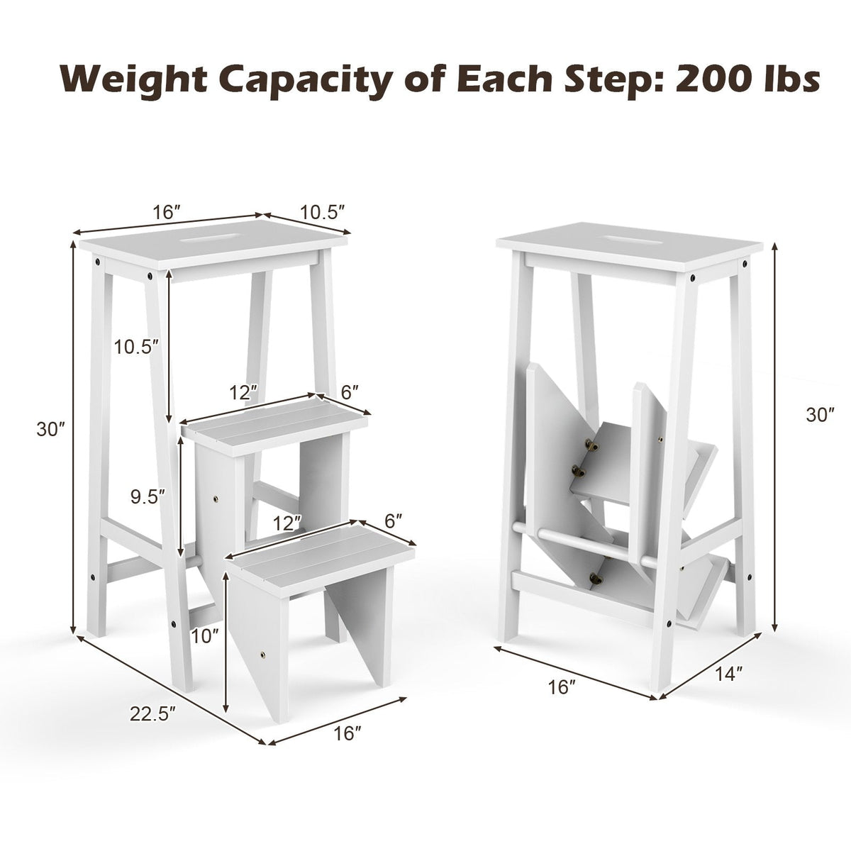 3-Tier Step Stool 3 in 1 Folding Ladder Bench-White