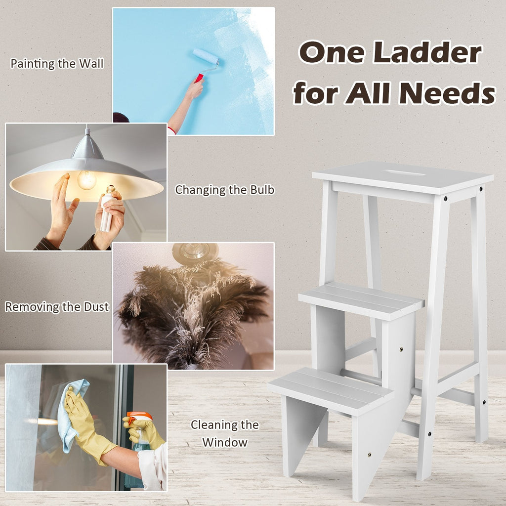 3-Tier Step Stool 3 in 1 Folding Ladder Bench-White