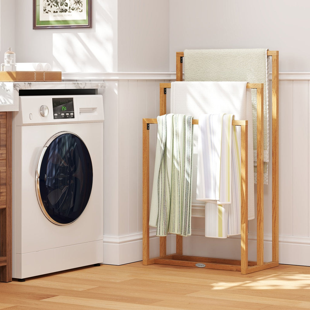 3-Tier Teak Wood Towel Rack with 3 Hanging Crossbars