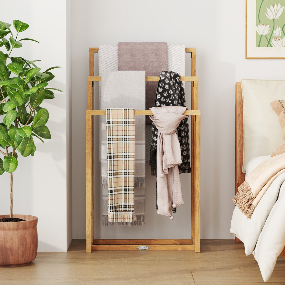 3-Tier Teak Wood Towel Rack with 3 Hanging Crossbars