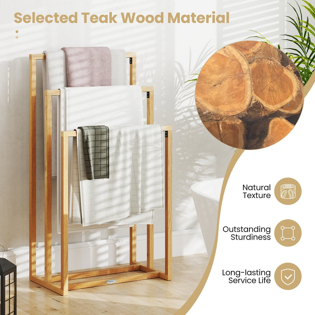3-Tier Teak Wood Towel Rack with 3 Hanging Crossbars