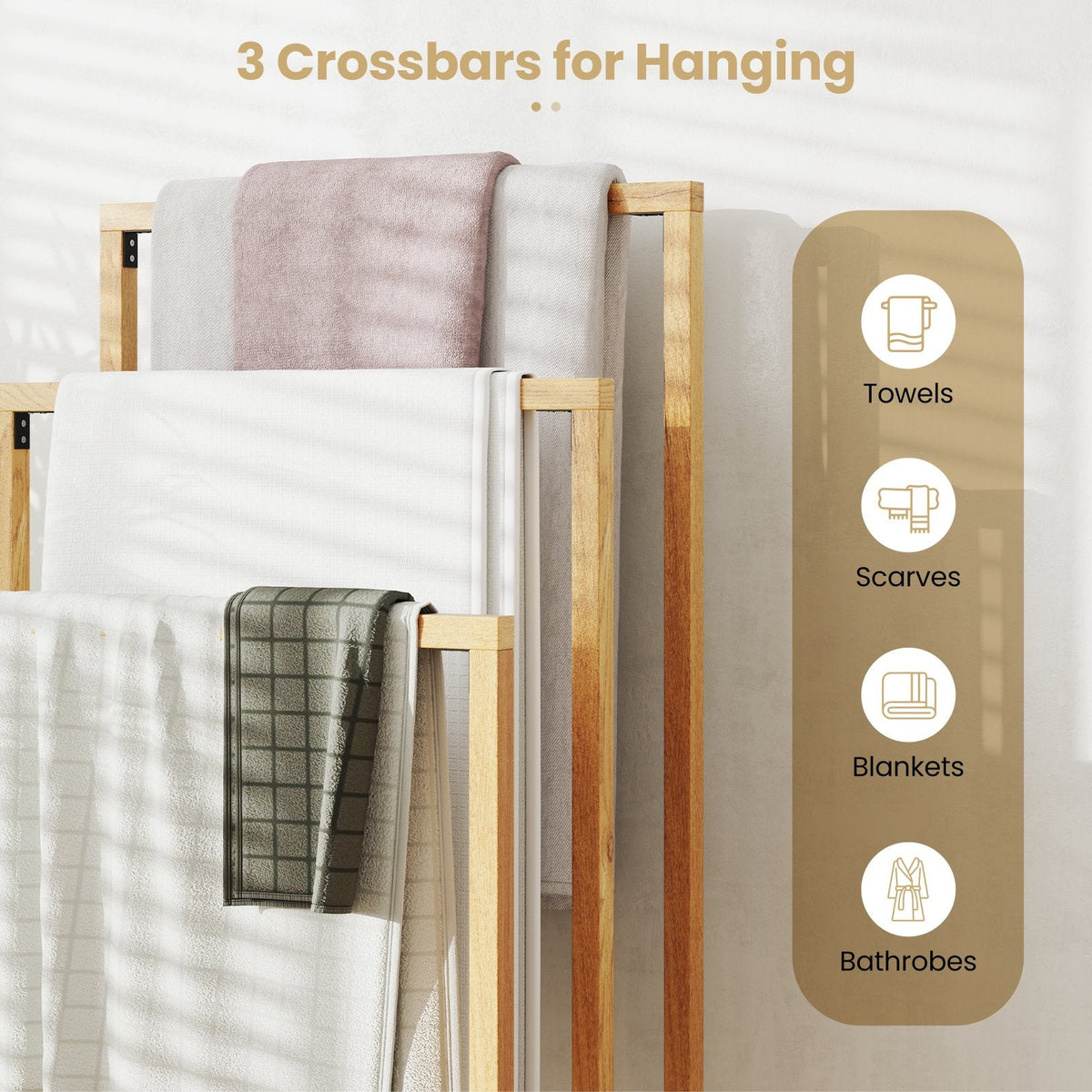 3-Tier Teak Wood Towel Rack with 3 Hanging Crossbars