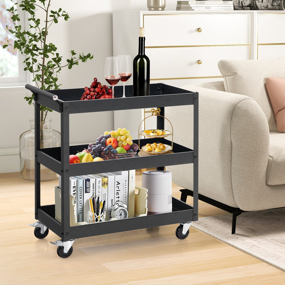 3-Tier Utility Cart Rolling Metal Cart with Handle and Universal Wheels-Black