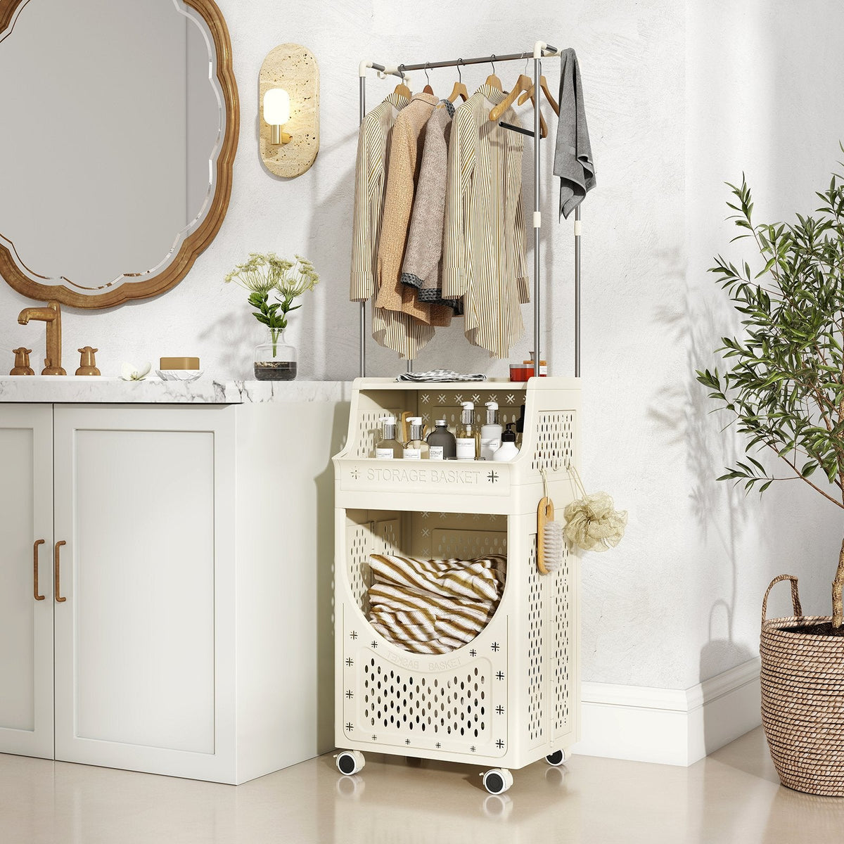3-Tiers Laundry Cart Folding Hamper with Hanging Bar and 8 Hanging Hooks