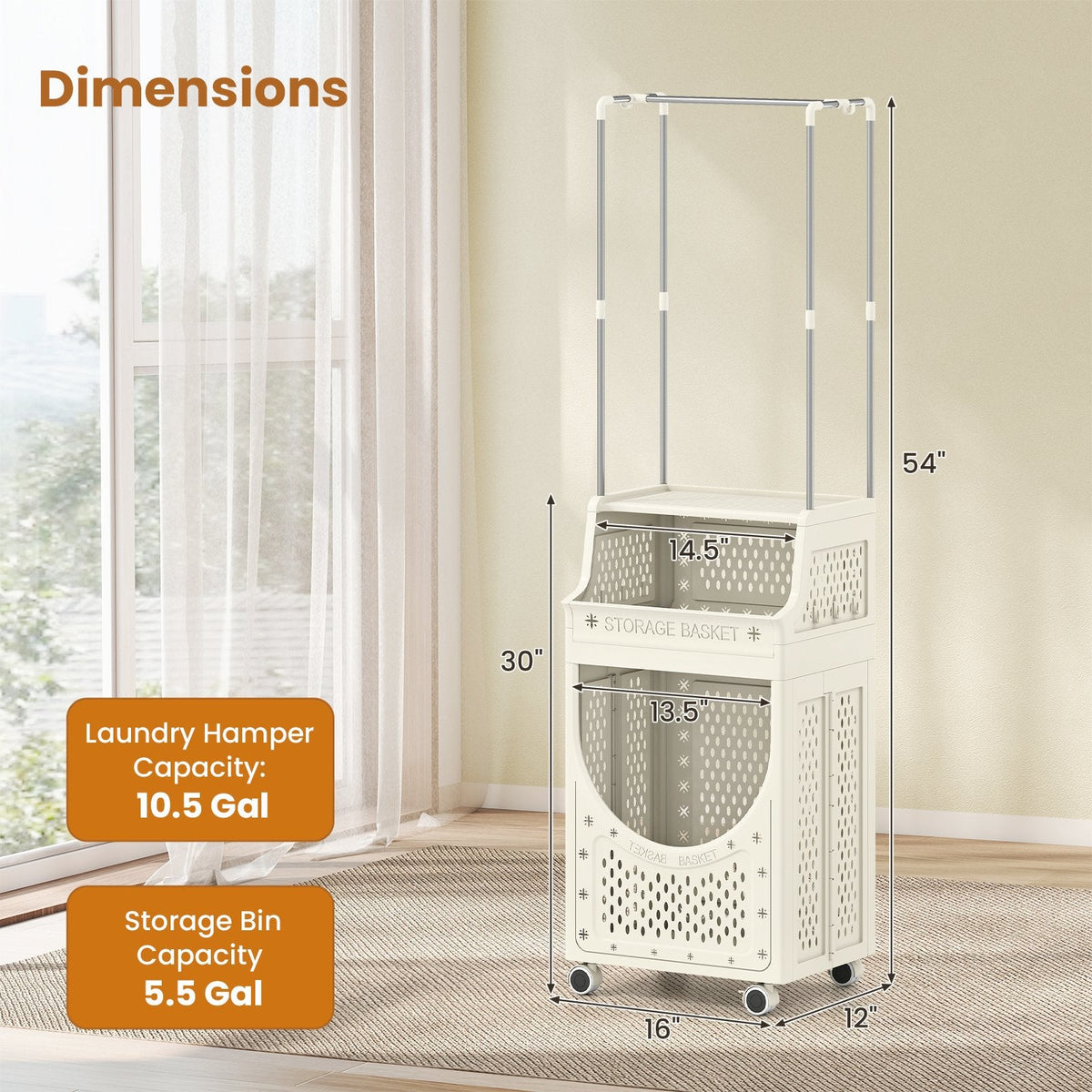 3-Tiers Laundry Cart Folding Hamper with Hanging Bar and 8 Hanging Hooks