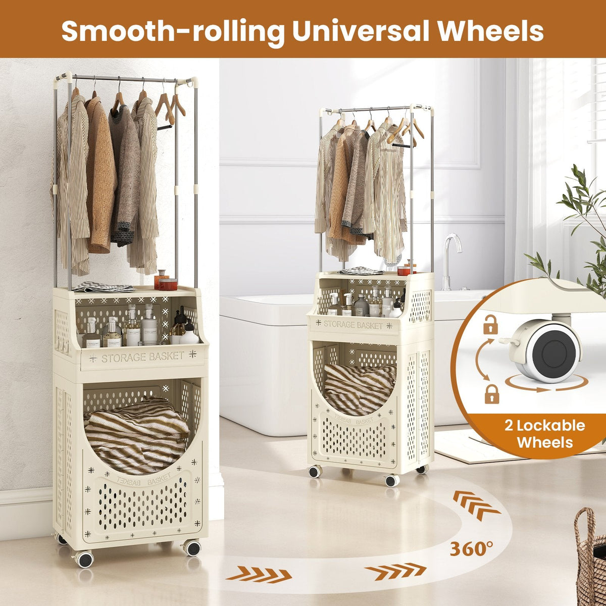 3-Tiers Laundry Cart Folding Hamper with Hanging Bar and 8 Hanging Hooks