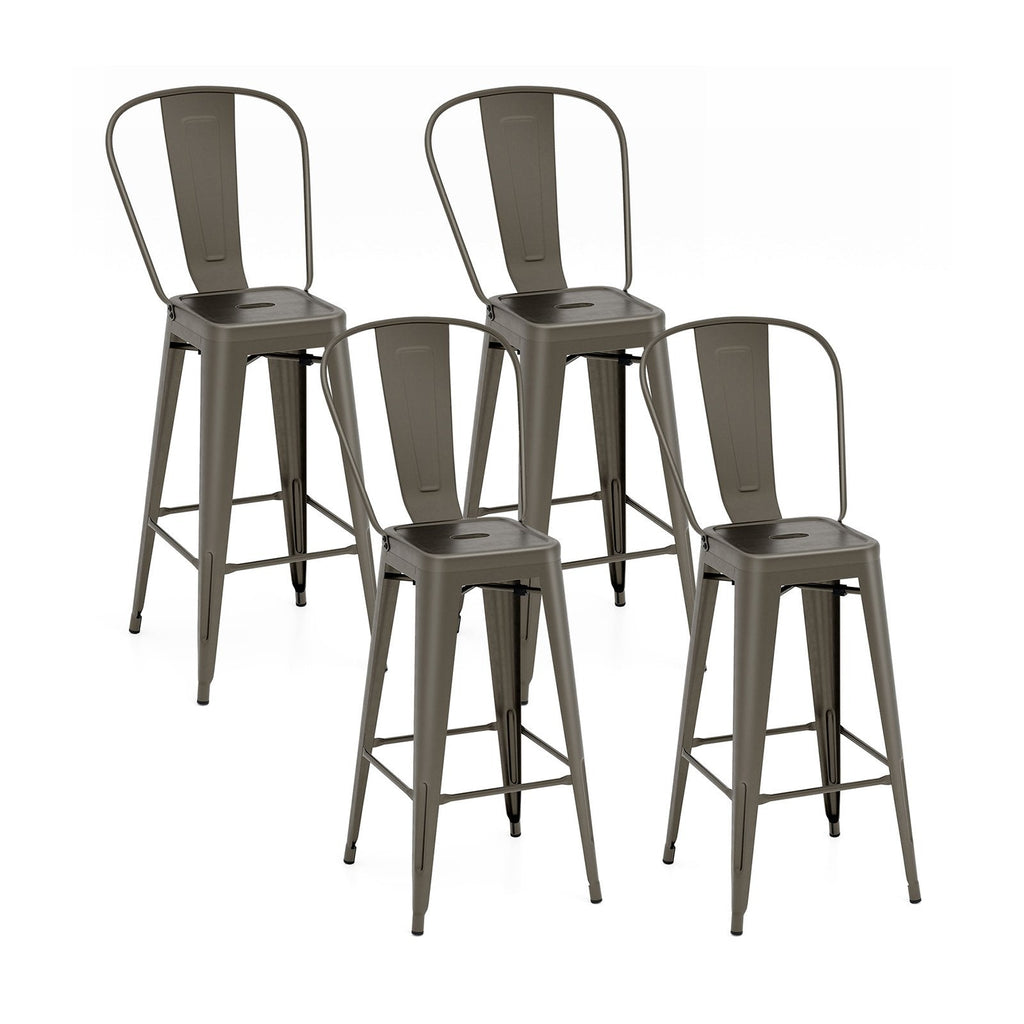 Set of 4 Stackable Metal Bar Stools in Gun Metal with Removable Backs, 30 Inch Seat