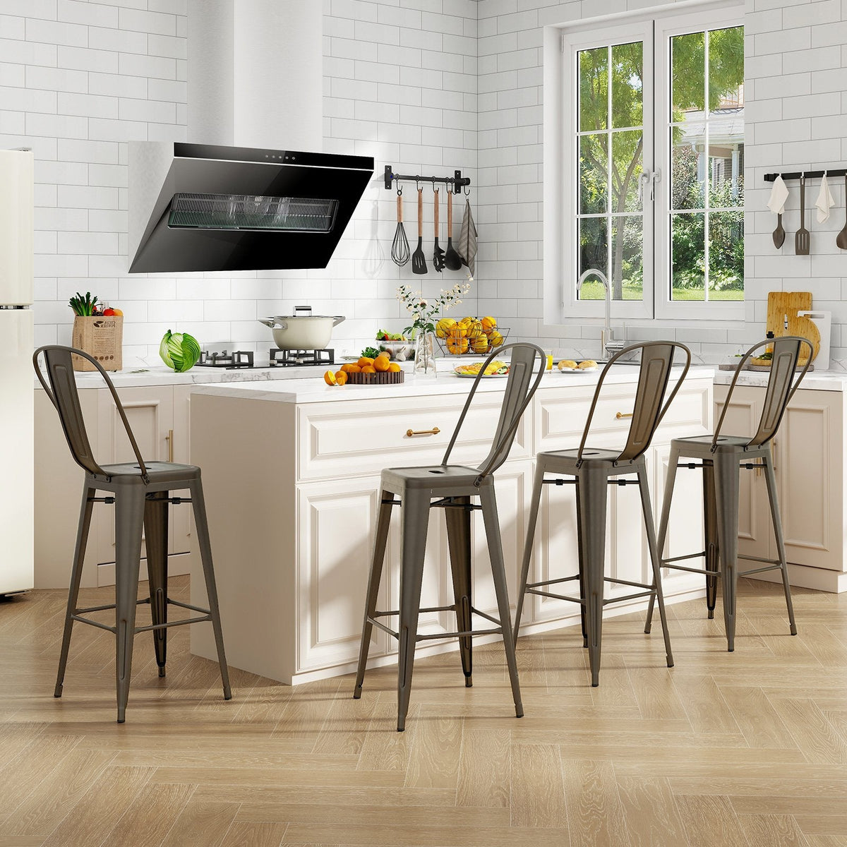 Set of 4 Stackable Metal Bar Stools in Gun Metal with Removable Backs, 30 Inch Seat