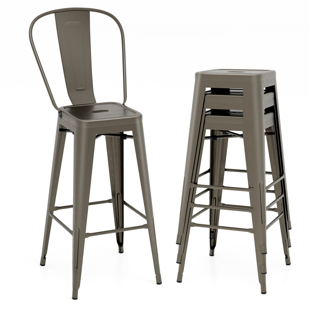 Set of 4 Stackable Metal Bar Stools in Gun Metal with Removable Backs, 30 Inch Seat