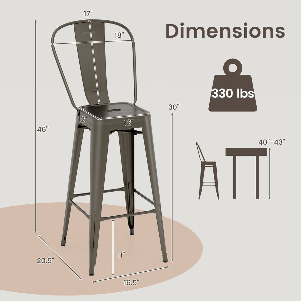 Set of 4 Stackable Metal Bar Stools in Gun Metal with Removable Backs, 30 Inch Seat
