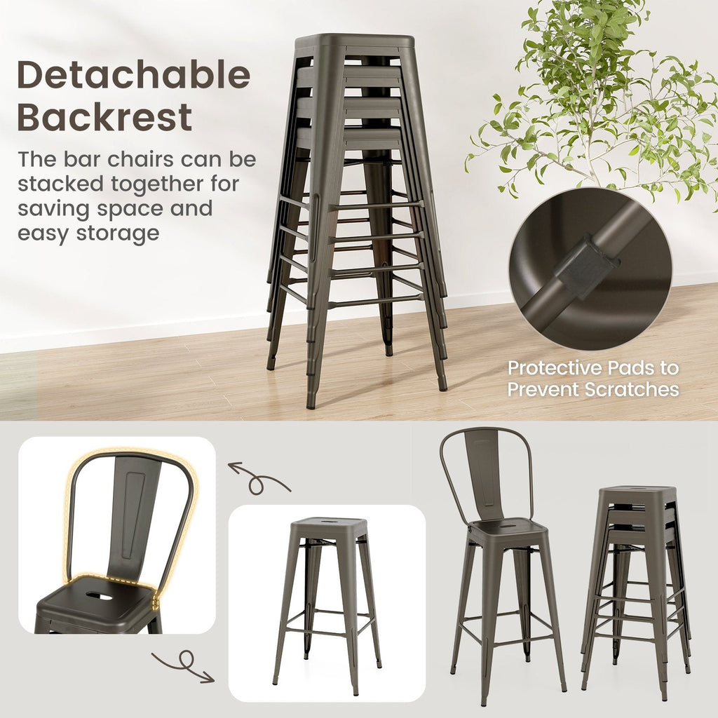 Set of 4 Stackable Metal Bar Stools in Gun Metal with Removable Backs, 30 Inch Seat