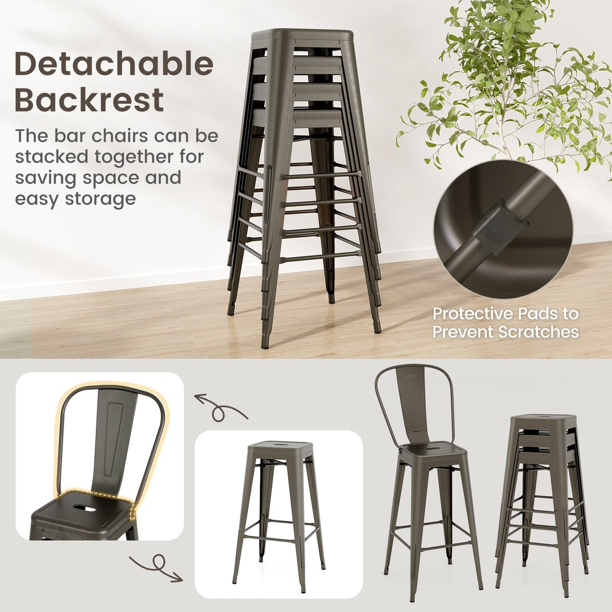 Set of 4 Stackable Metal Bar Stools in Gun Metal with Removable Backs, 30 Inch Seat