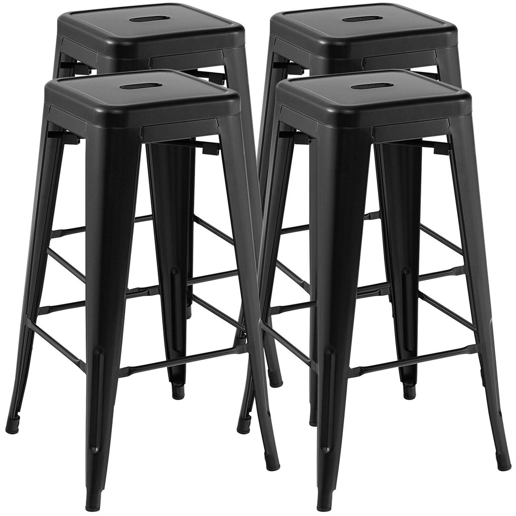 Set of 4 Stackable Metal Bar Stools in Black with Handle Slot, 30 Inch Seat Height