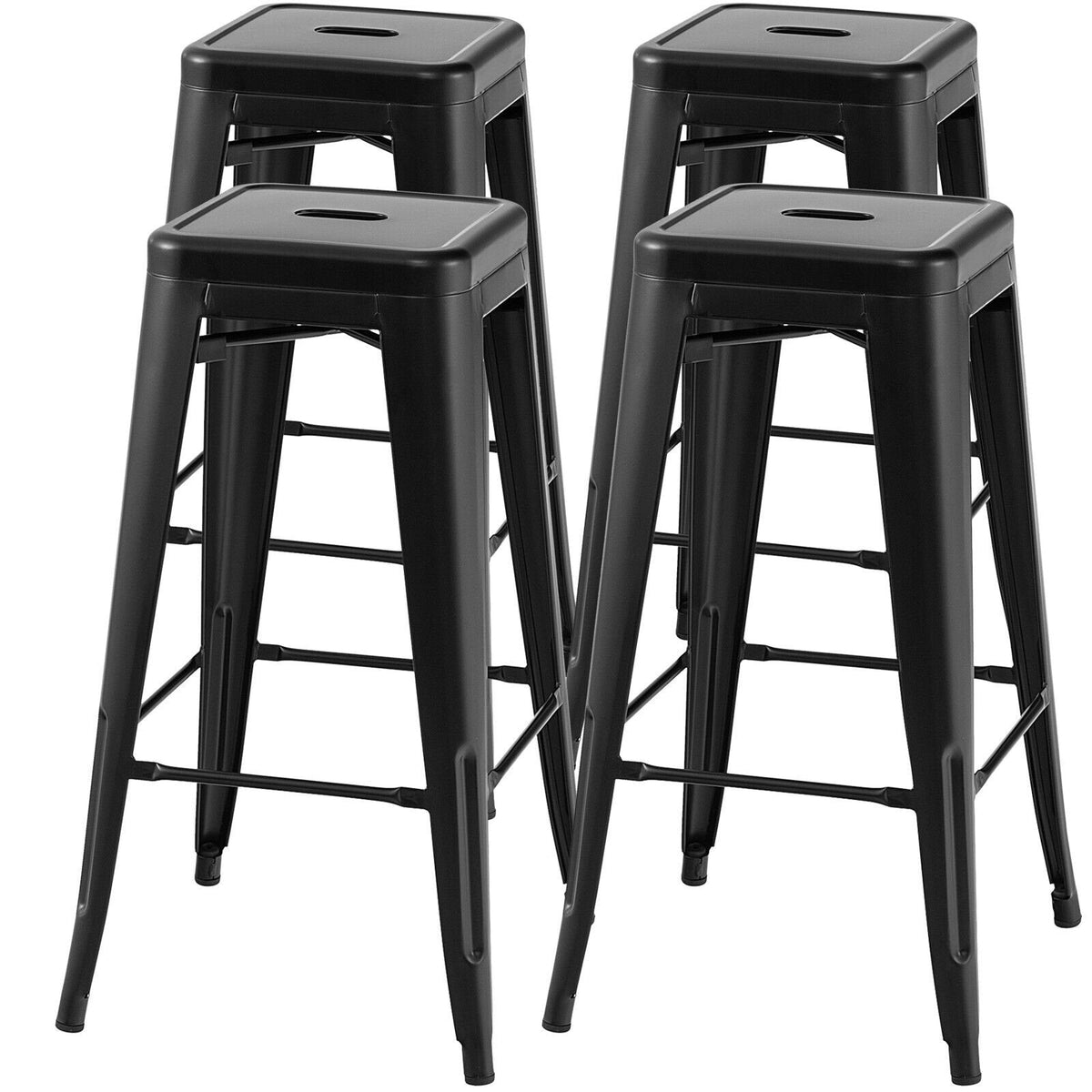 Set of 4 Stackable Metal Bar Stools in Black with Handle Slot, 30 Inch Seat Height