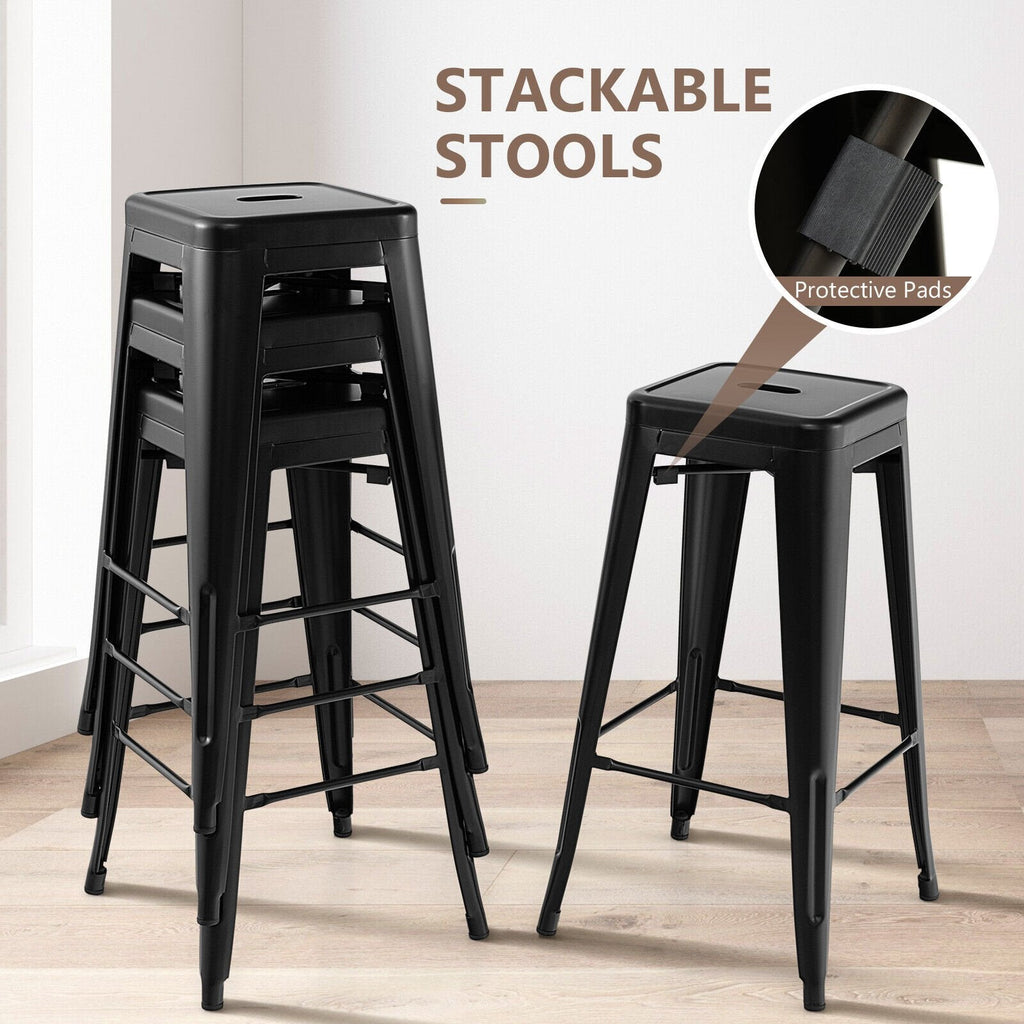 Set of 4 Stackable Metal Bar Stools in Black with Handle Slot, 30 Inch Seat Height