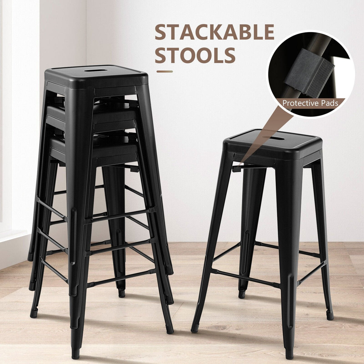 Set of 4 Stackable Metal Bar Stools in Black with Handle Slot, 30 Inch Seat Height