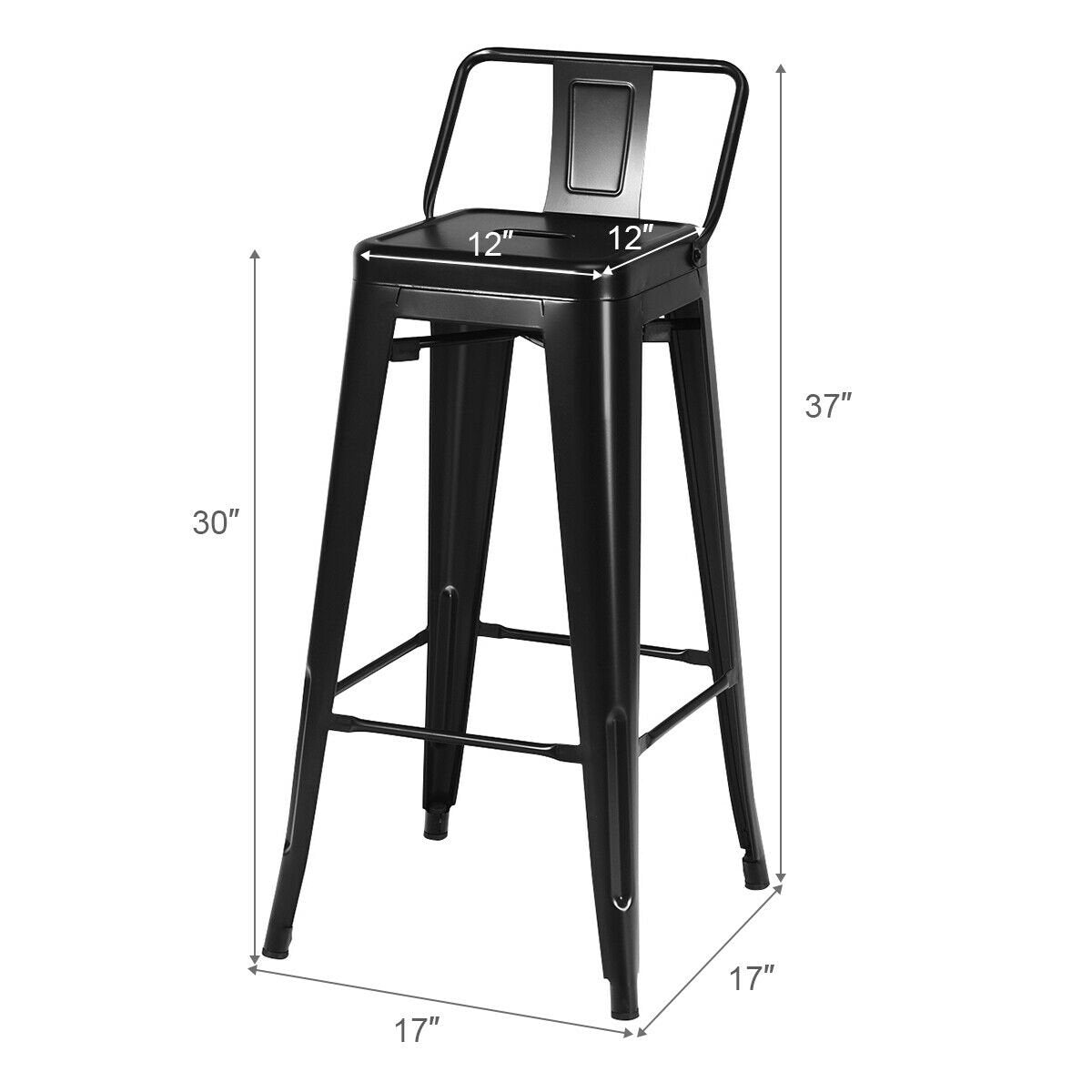 Set of 4 Metal Bar Stools with Detachable Low Back, Black, 30 Inch Seat Height, Stackable