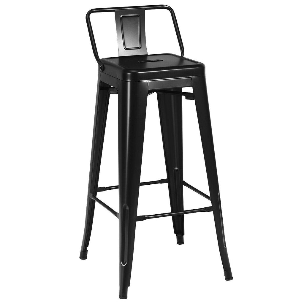 Set of 4 Metal Bar Stools with Detachable Low Back, Black, 30 Inch Seat Height, Stackable