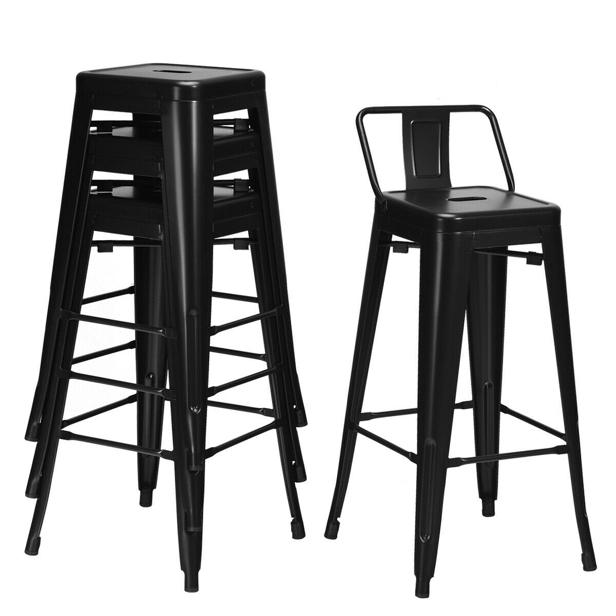 Set of 4 Metal Bar Stools with Detachable Low Back, Black, 30 Inch Seat Height, Stackable