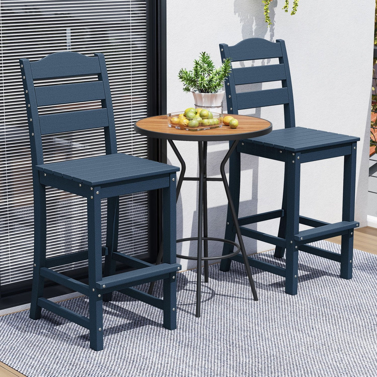 30 Inches Counter Height HDPE Bar Stool with Backrest and Footrest-Navy