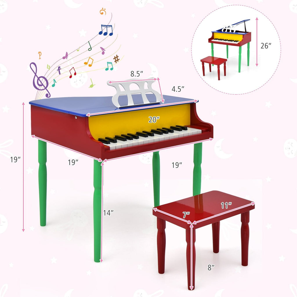 30-Key Wood Toy Kids Grand Piano with Bench and Music Rack-Multicolor