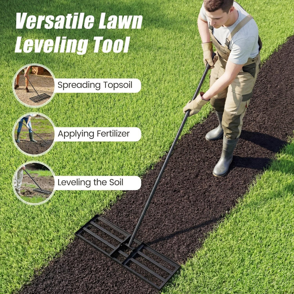 30 x 10 Inch Lawn Leveling Rake with Ergonomic Handle-Black
