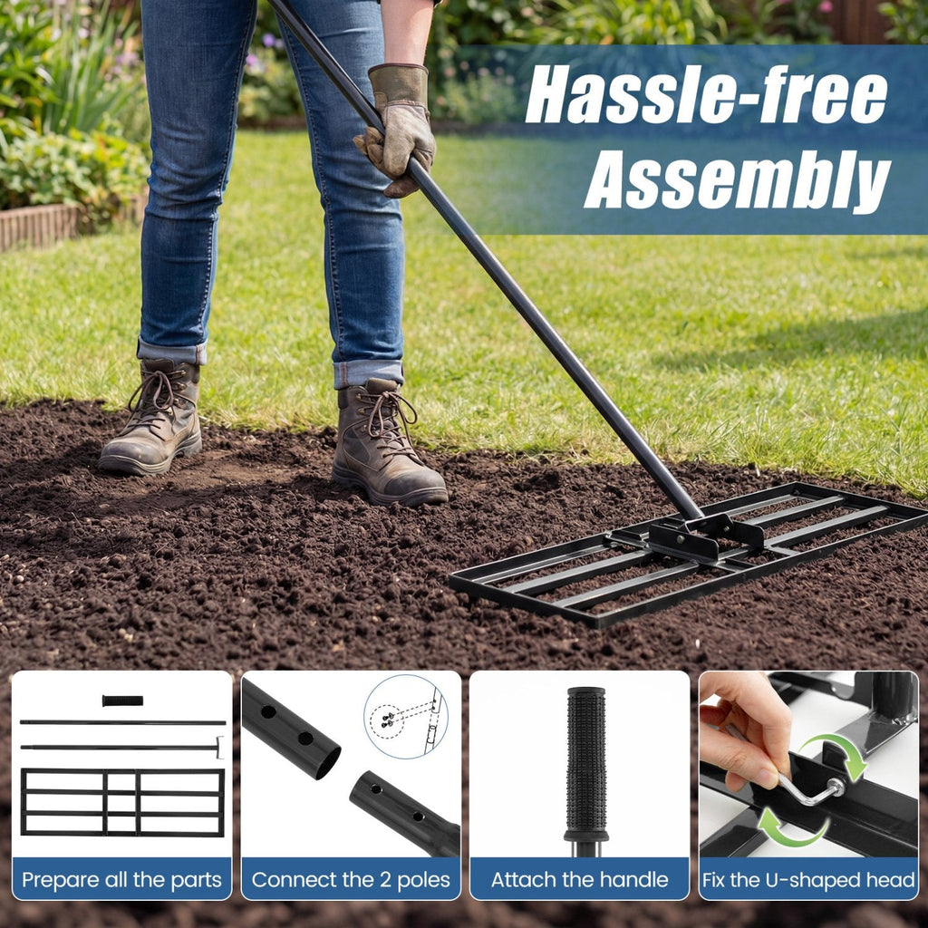 30 x 10 Inch Lawn Leveling Rake with Ergonomic Handle-Black