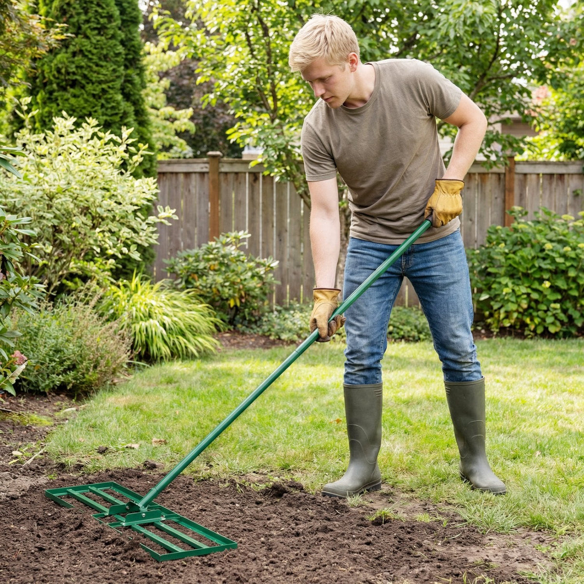 30 x 10 Inch Lawn Leveling Rake with Ergonomic Handle-Green