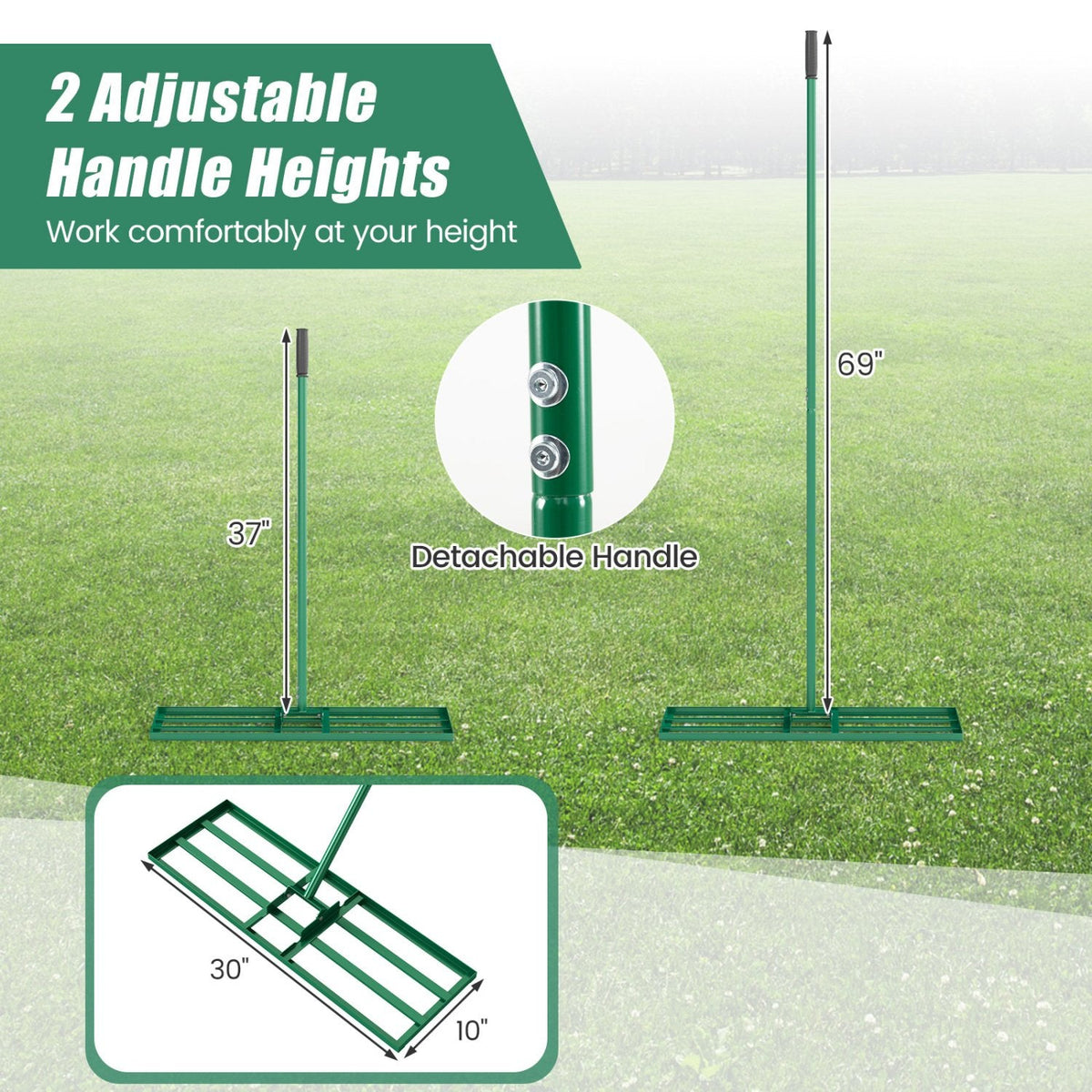 30 x 10 Inch Lawn Leveling Rake with Ergonomic Handle-Green
